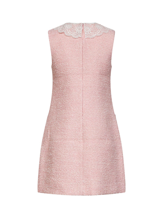 Pink bouclé mini dress with lace collar