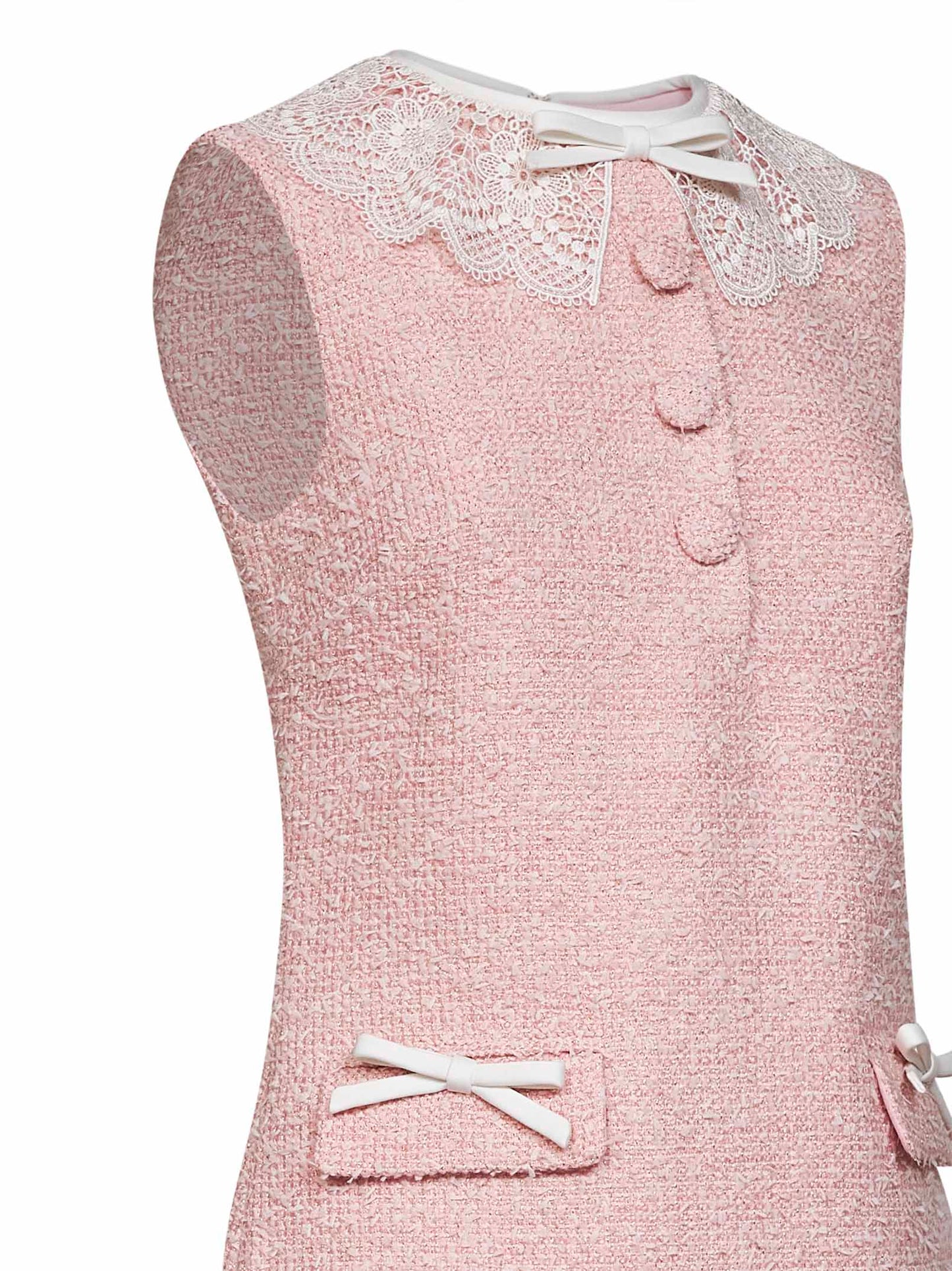 Miniabito in bouclé rosa con colletto in pizzo
