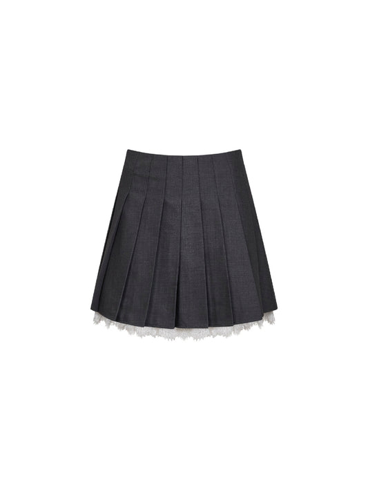 Grey wool blend pleated mini skirt with lace insert