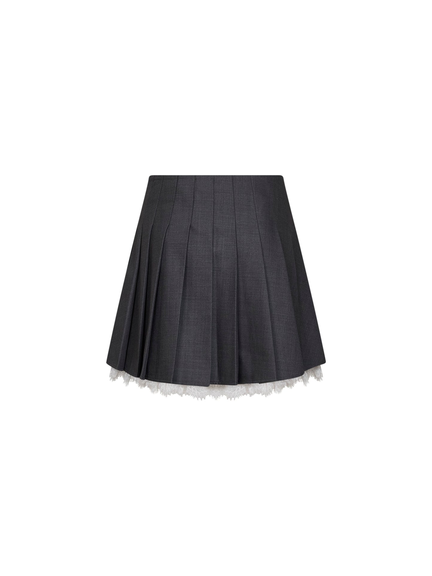 Minigonna a pieghe in misto lana grigia con inserto in pizzo<BR/>