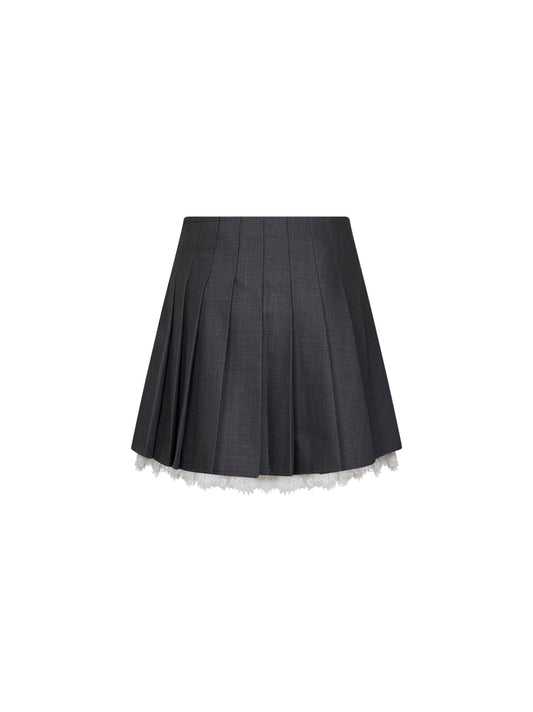 Grey wool blend pleated mini skirt with lace insert