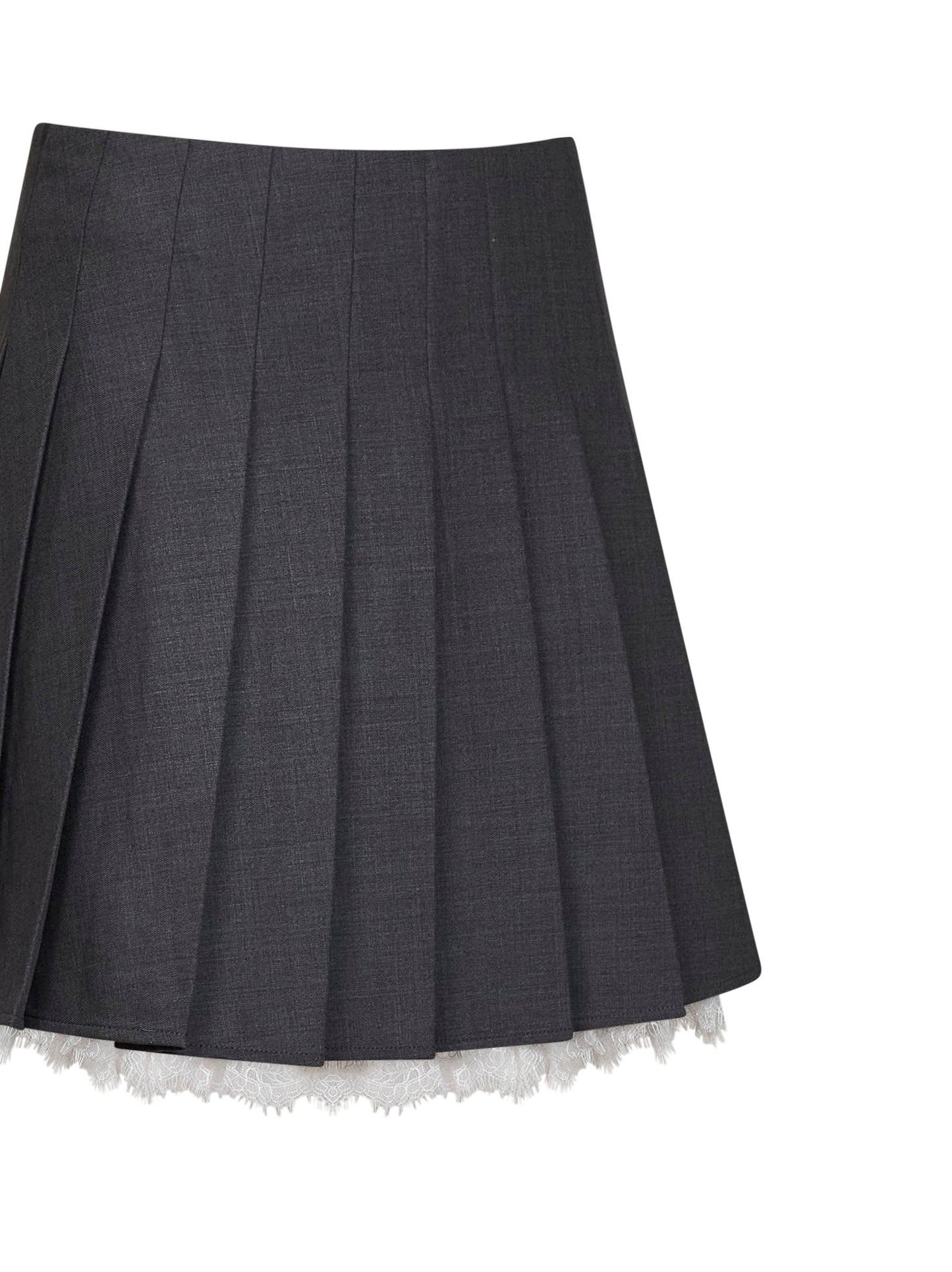 Minigonna a pieghe in misto lana grigia con inserto in pizzo<BR/>