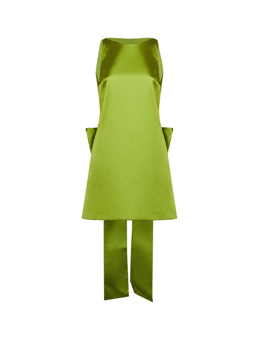 Green satin A-line mini dress with bow