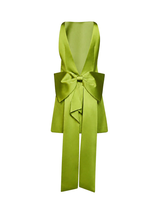 Green satin A-line mini dress with bow