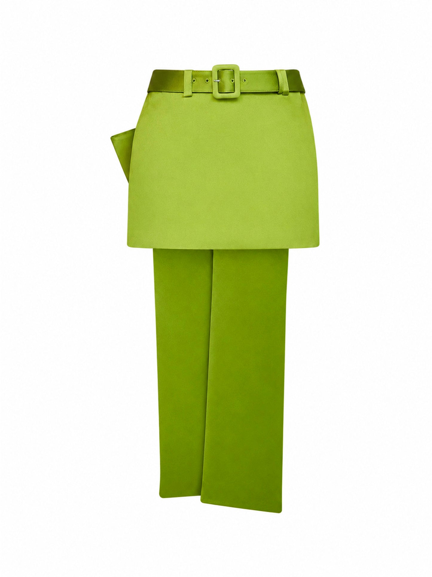 Green satin belted mini skirt with bow
