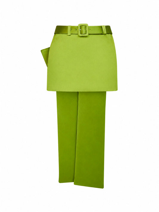 Green satin belted mini skirt with bow