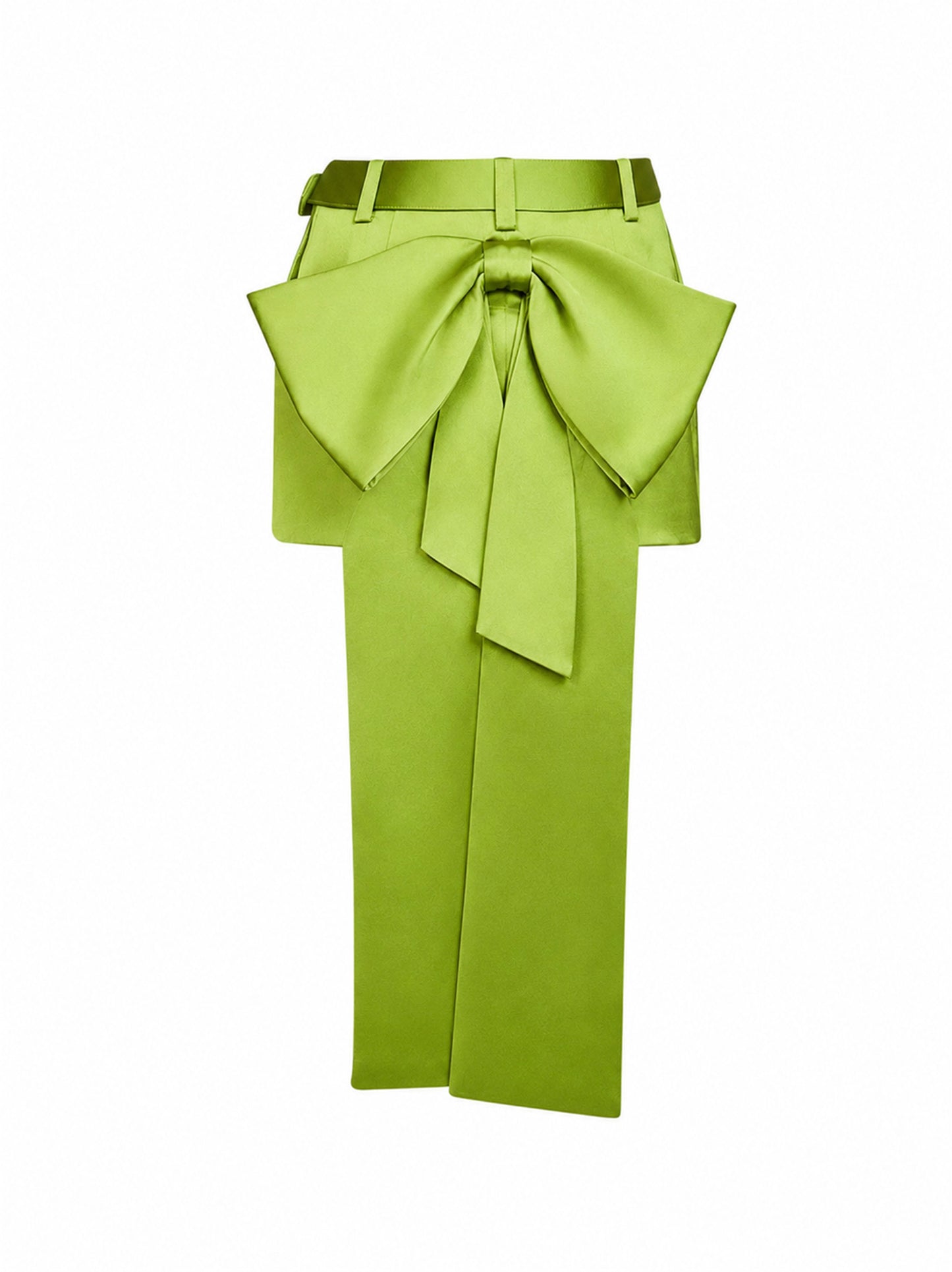 Green satin belted mini skirt with bow
