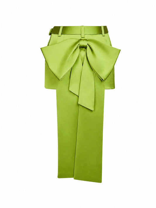 Green satin belted mini skirt with bow