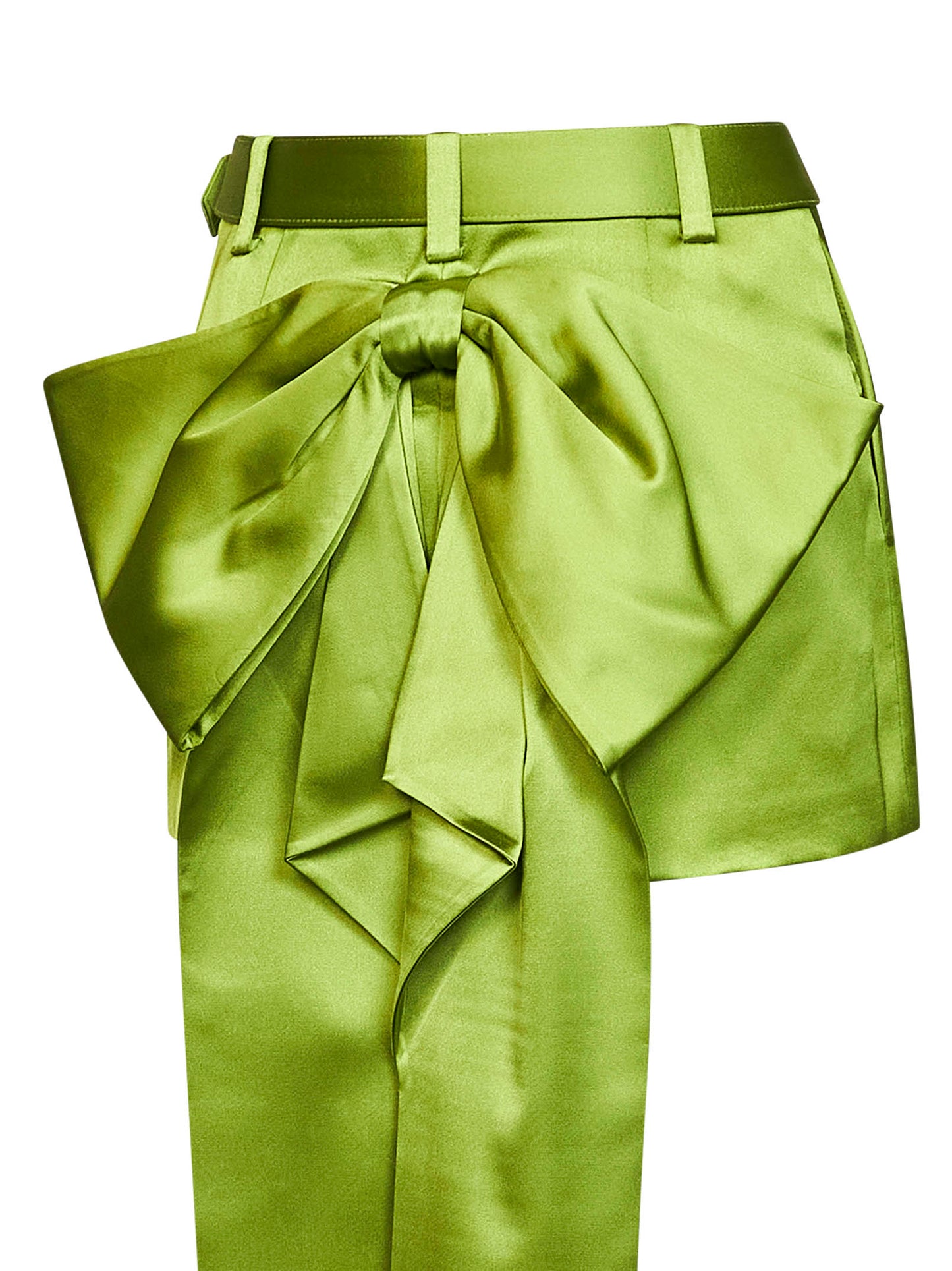 Green satin belted mini skirt with bow