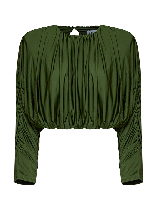 Olive jersey gathered cropped top