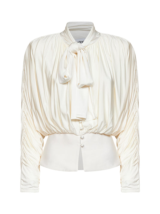 Cream jersey gathered tie neck top