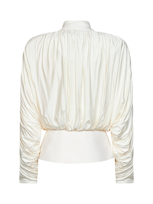 Cream jersey gathered tie neck top