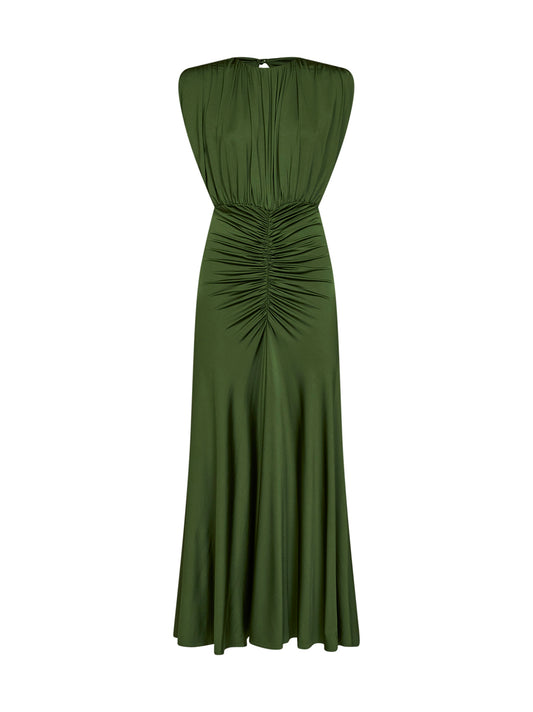 Olive jersey gathered long dress