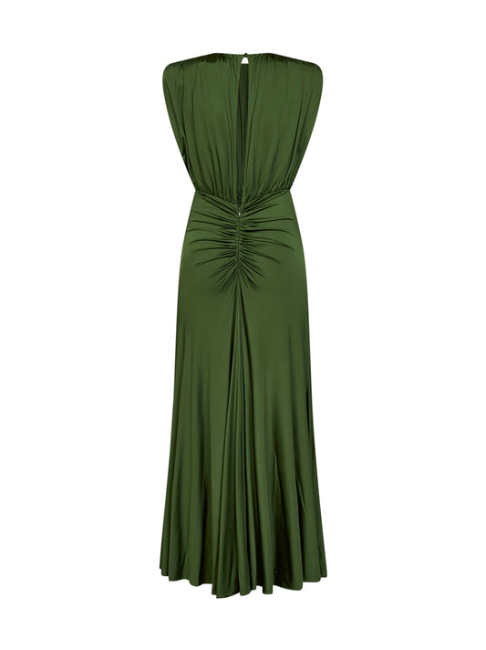 Olive jersey gathered long dress