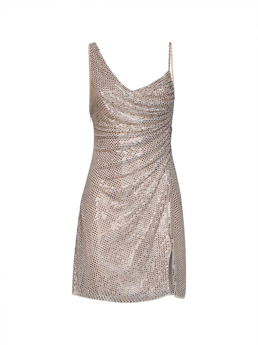 Champagne rhinestone-embellished tulle draped mini dress