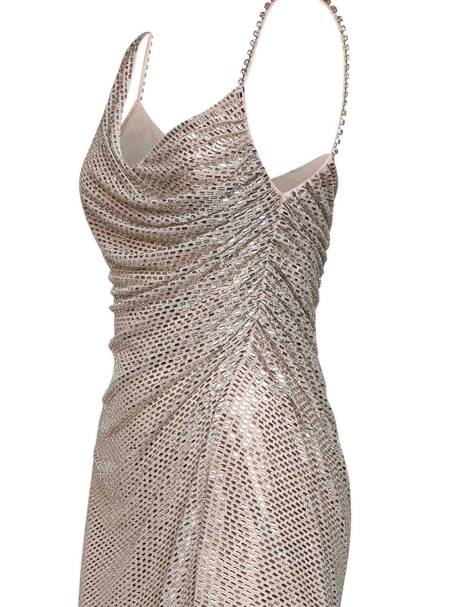 Miniabito drappeggiato in tulle con strass champagne