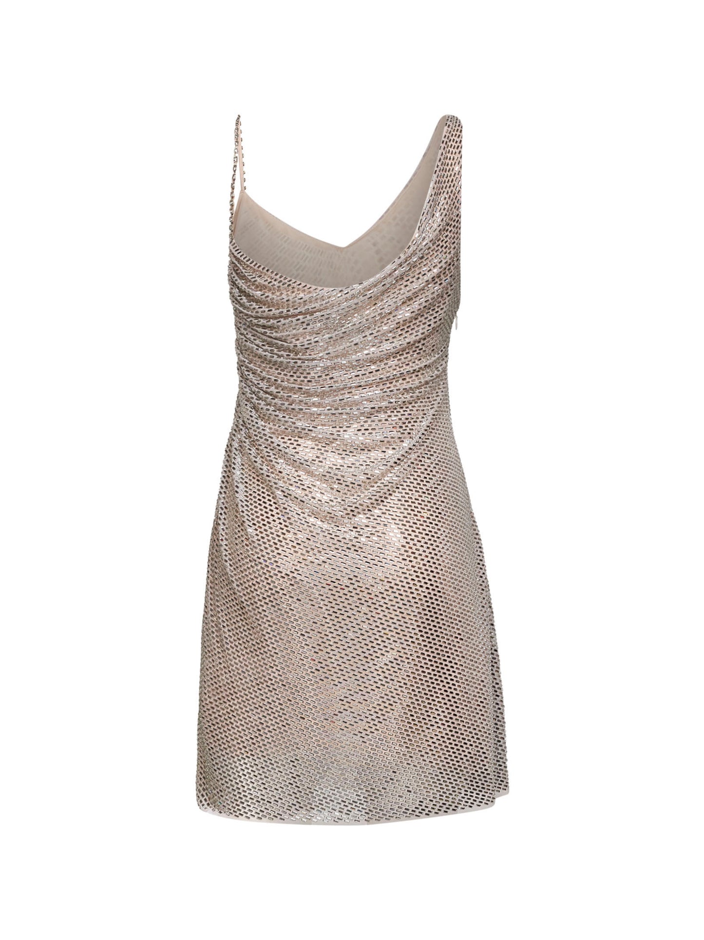 Miniabito drappeggiato in tulle con strass champagne