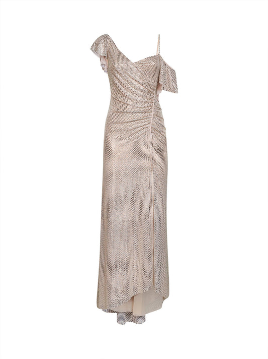 Champagne rhinestone-embellished tulle draped maxi dress