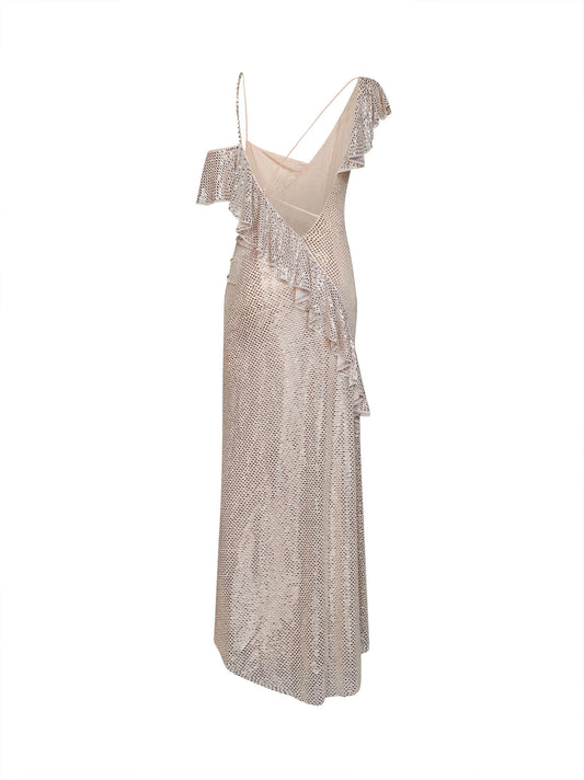Champagne rhinestone-embellished tulle draped maxi dress