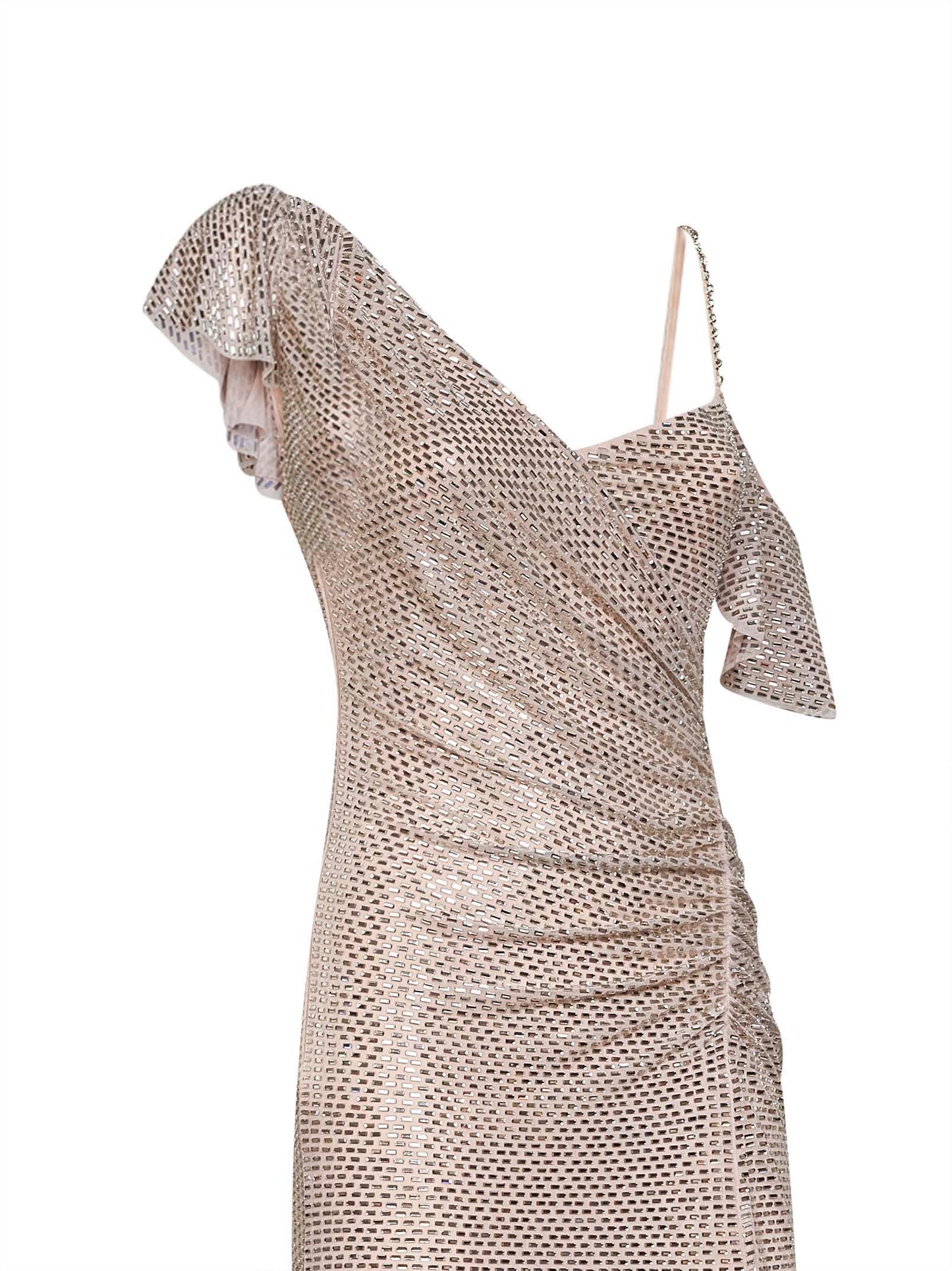 Maxi abito drappeggiato in tulle con strass champagne