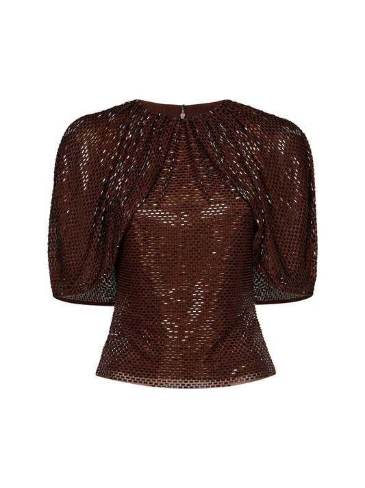 Brown rhinestone-embellished tulle top with cape sleeves