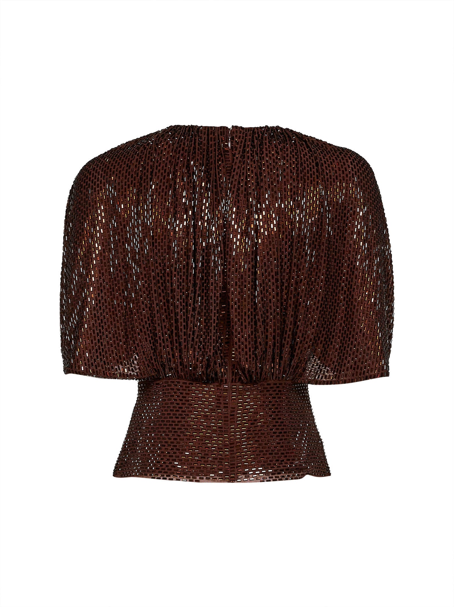 Brown rhinestone-embellished tulle top with cape sleeves