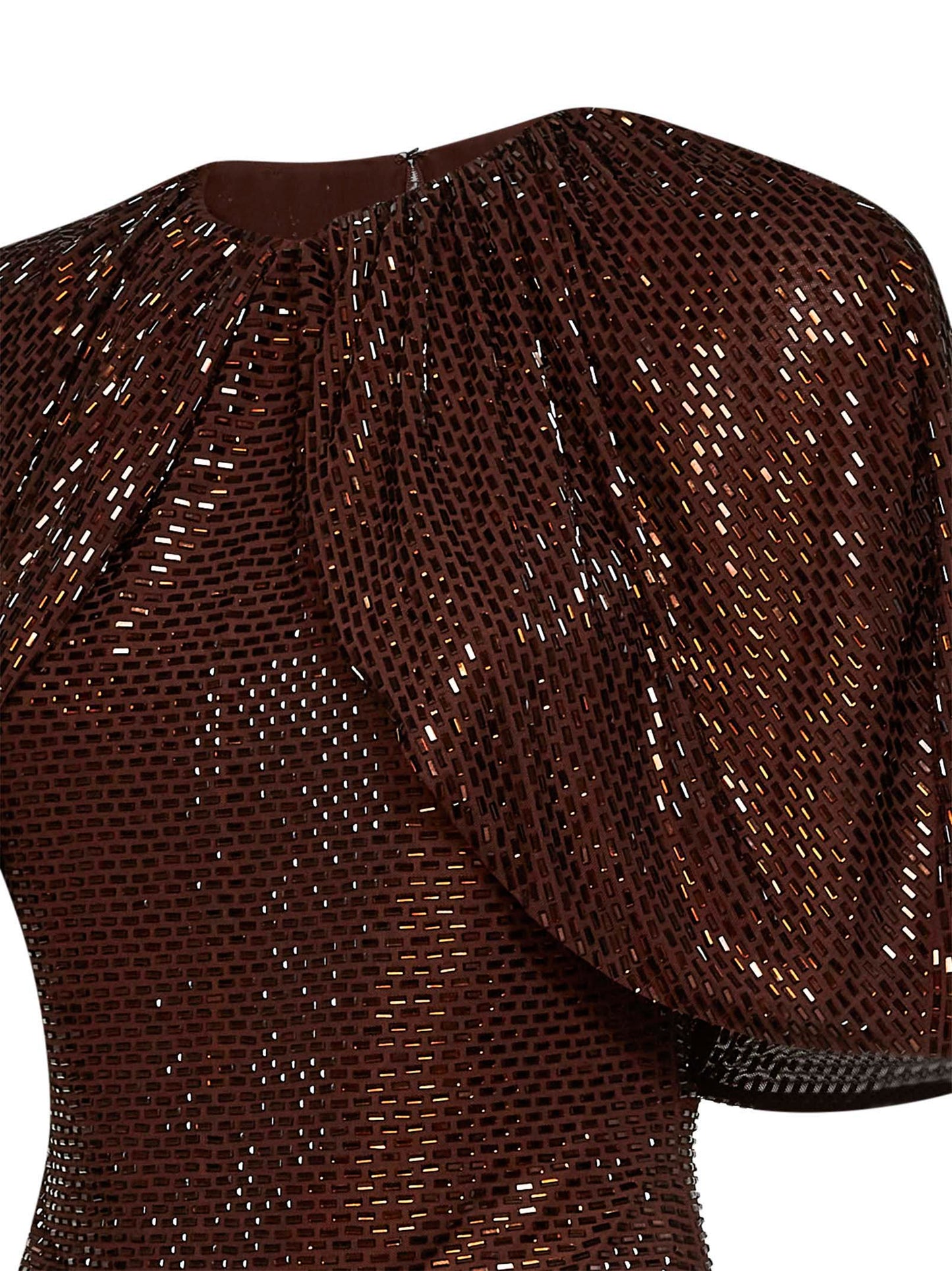 Brown rhinestone-embellished tulle top with cape sleeves