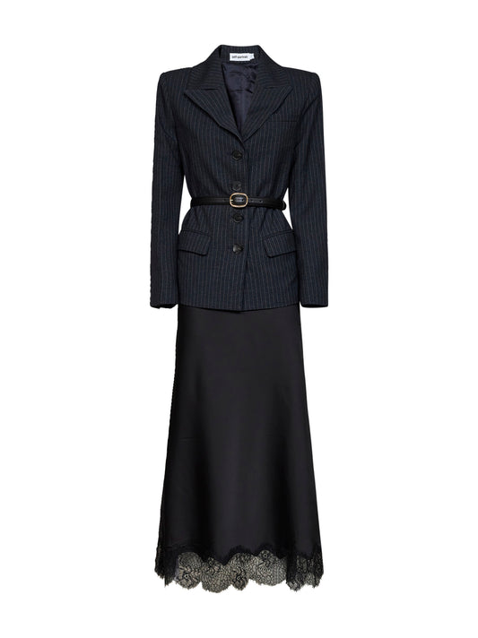 Grey tailored dress with pinstriped blazer and satin skirt