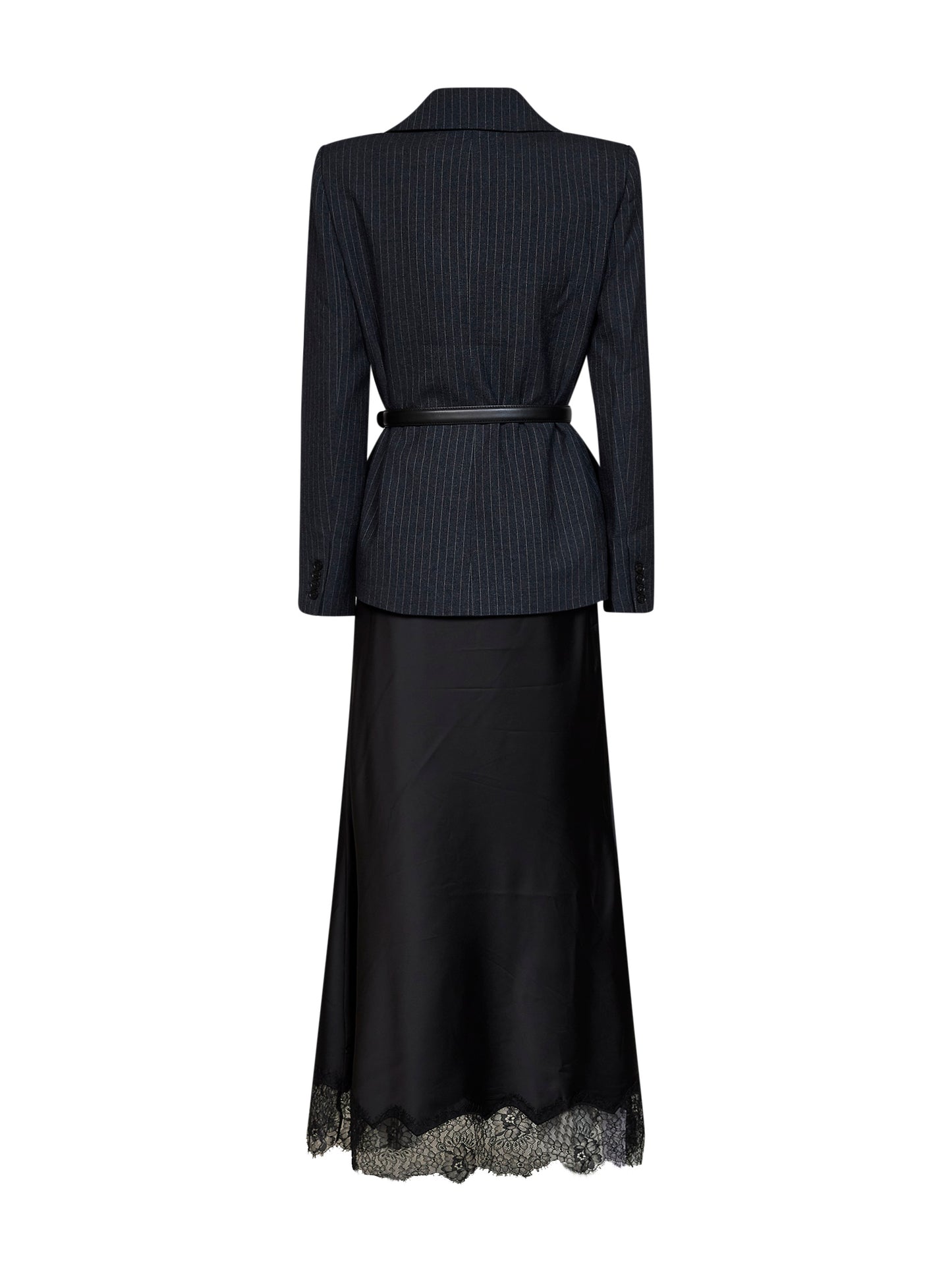 Grey tailored dress with pinstriped blazer and satin skirt