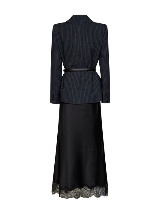Grey tailored dress with pinstriped blazer and satin skirt