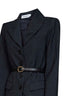 Grey tailored dress with pinstriped blazer and satin skirt