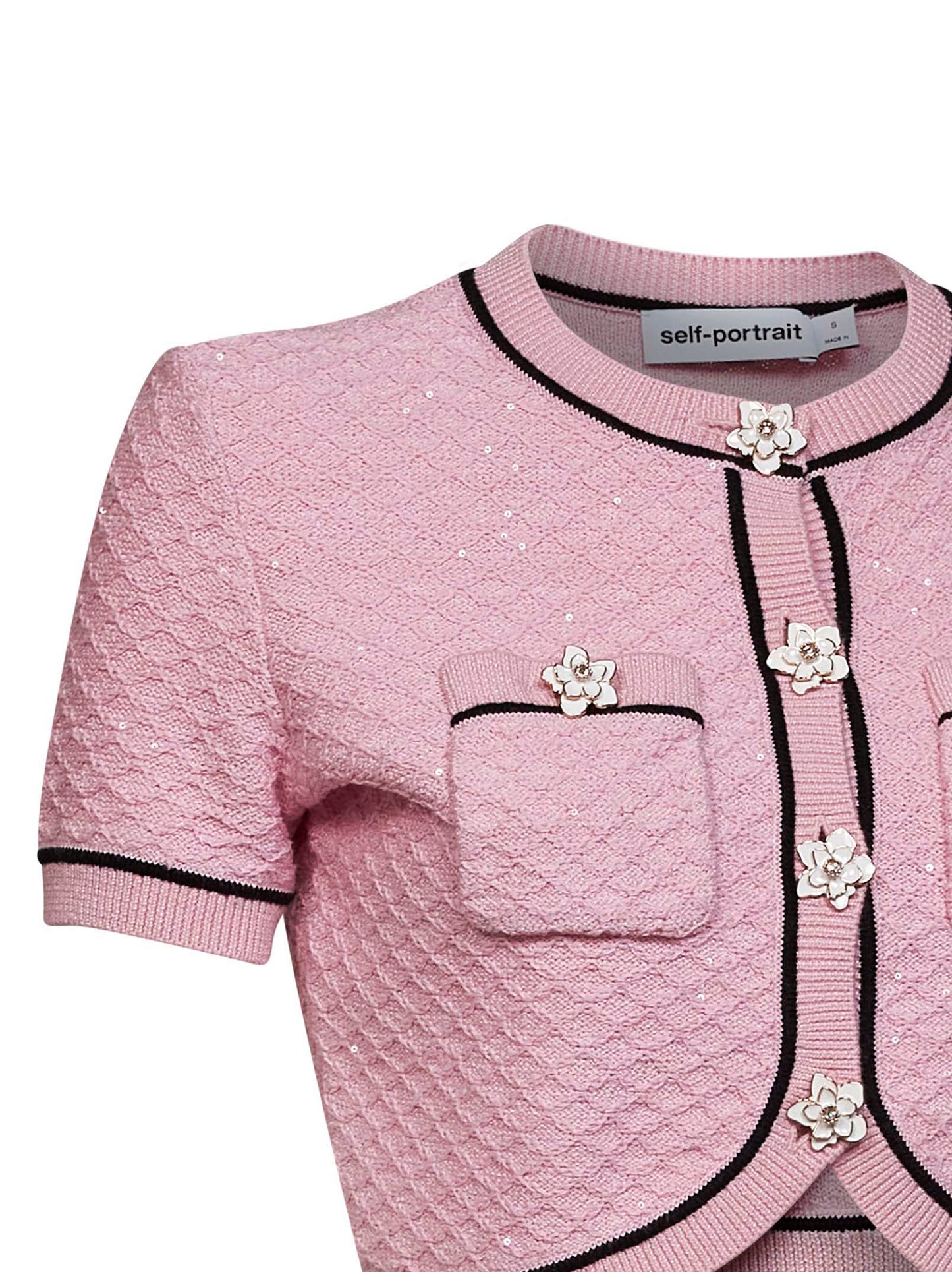 Cardigan crop in maglia con paillettes rosa