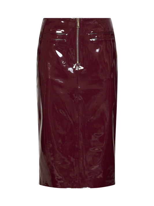 Purple glossy faux leather midi skirt