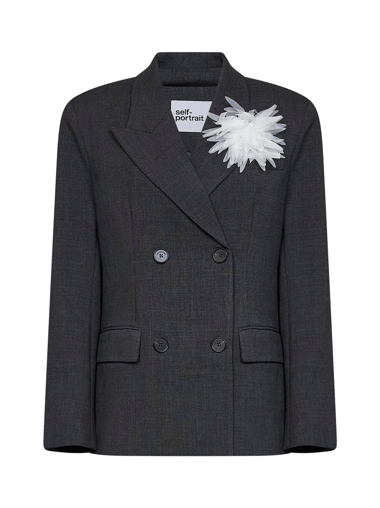 Grey stretch wool-blend double-breasted flower blazer