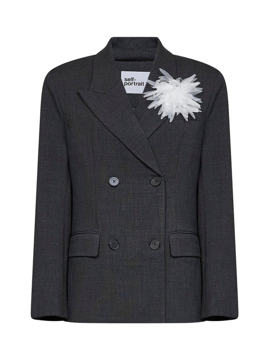 Grey stretch wool-blend double-breasted flower blazer