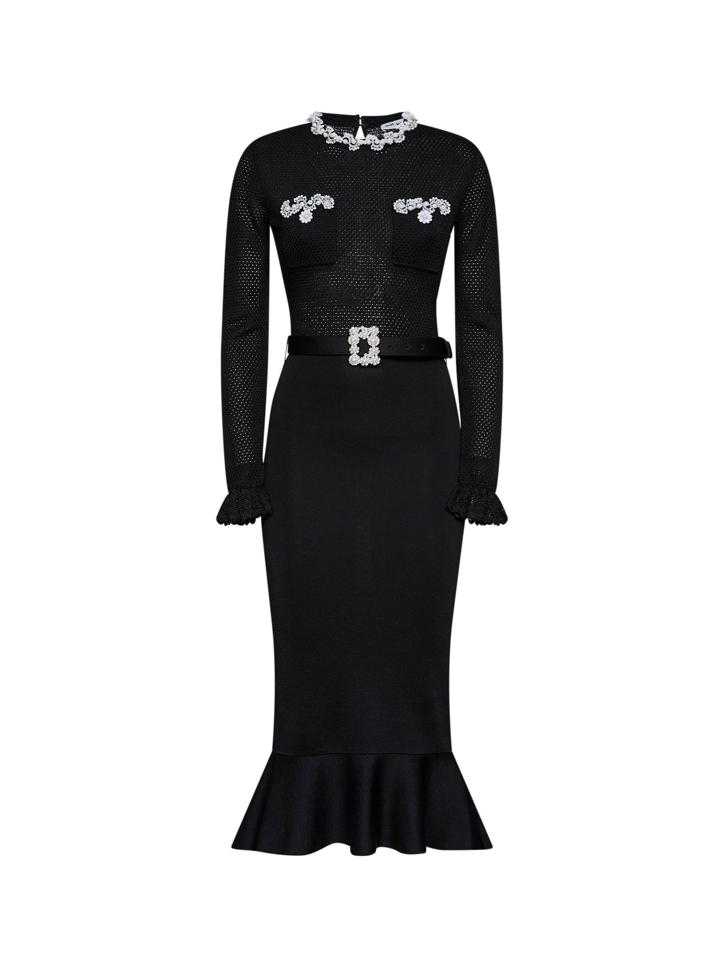 Black knit midi dress with beaded embroidery