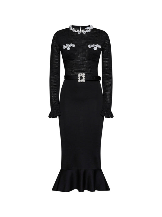 Black knit midi dress with beaded embroidery