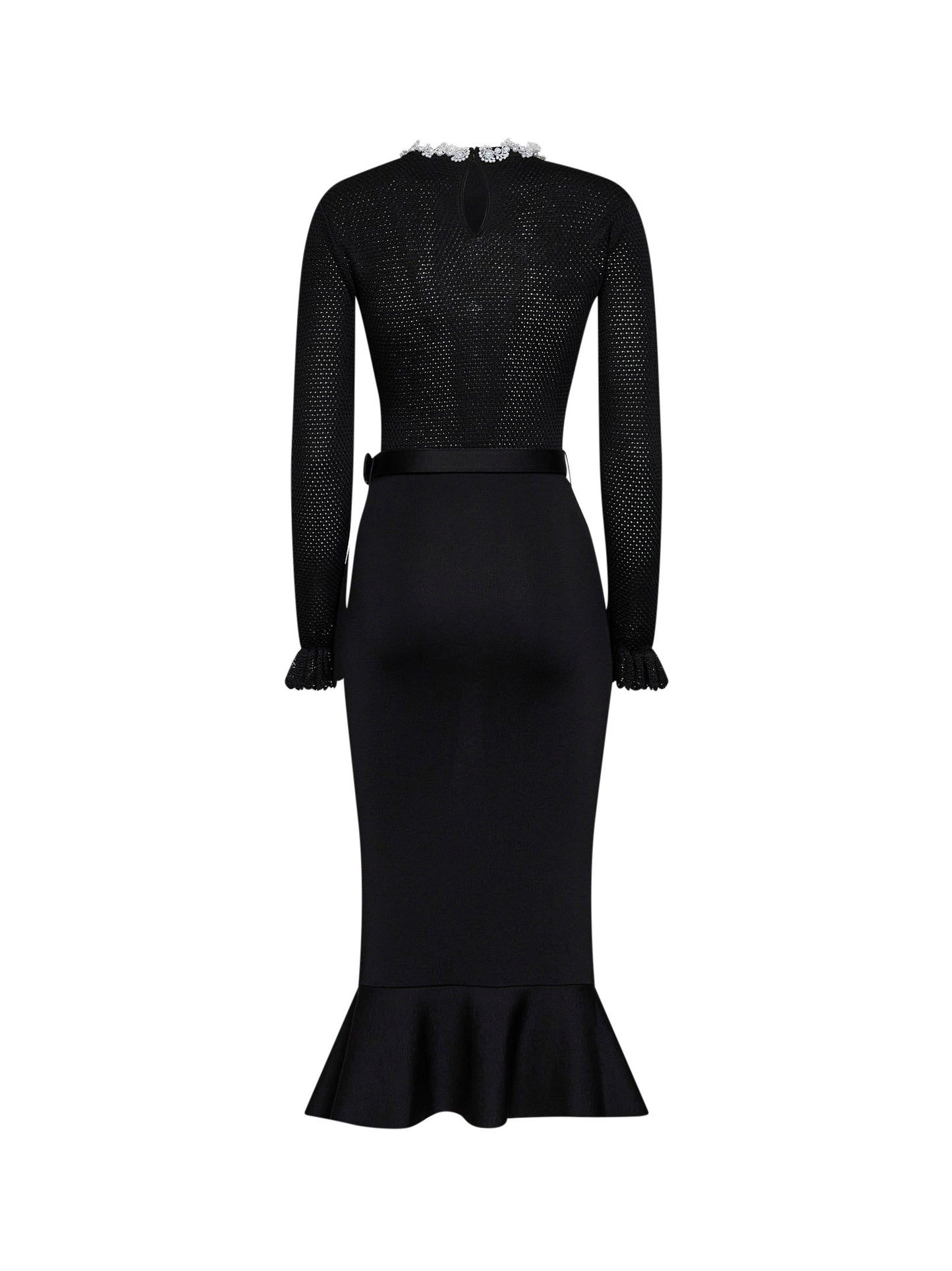 Black knit midi dress with beaded embroidery