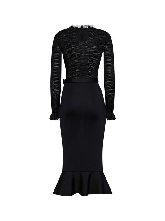 Black knit midi dress with beaded embroidery