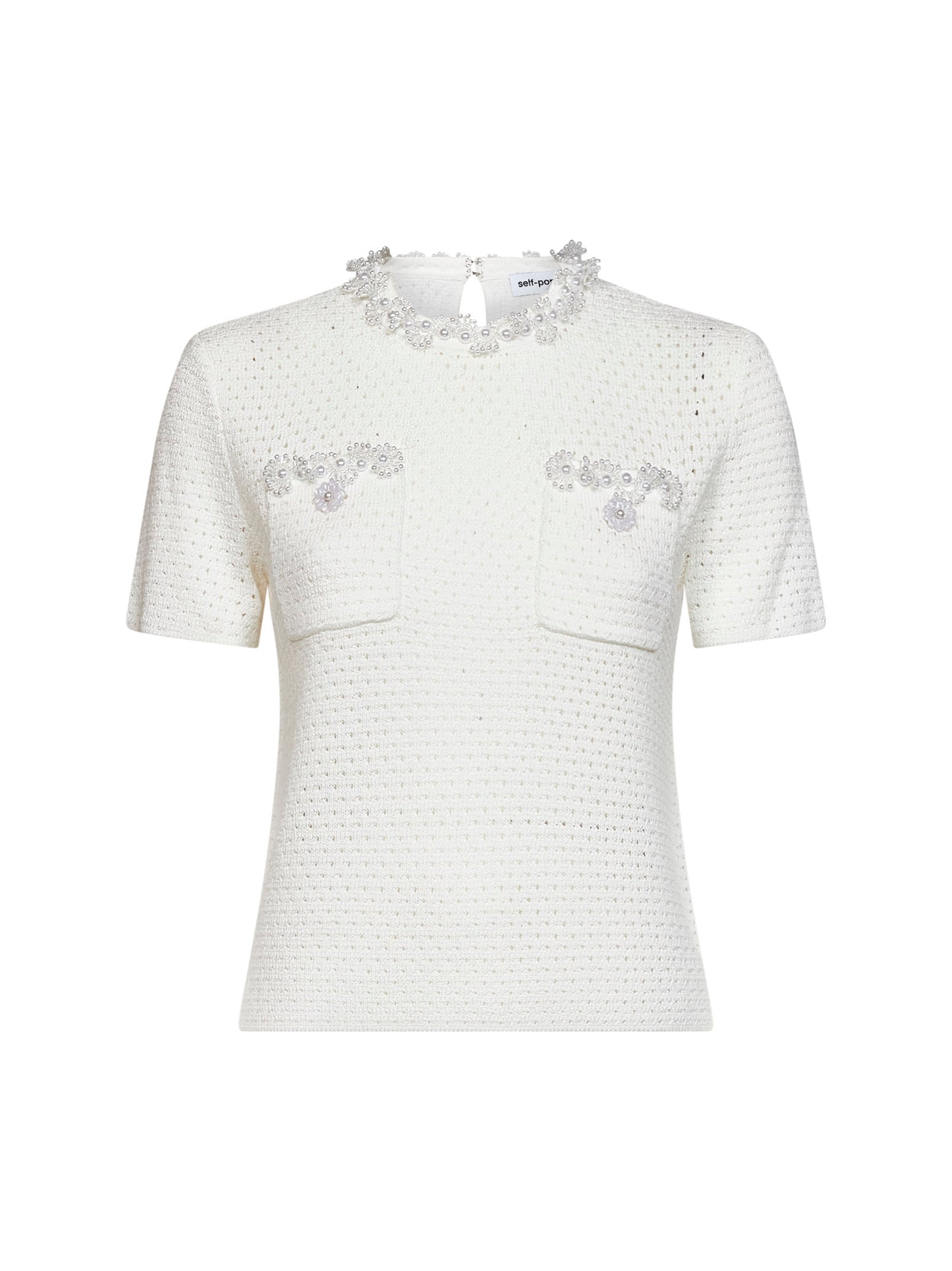 Cream openwork knit top with bead embroidery