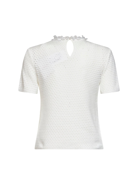 Cream openwork knit top with bead embroidery