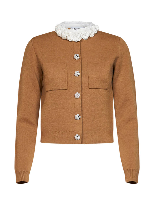 Cardigan ricamato in maglia di misto lana marrone