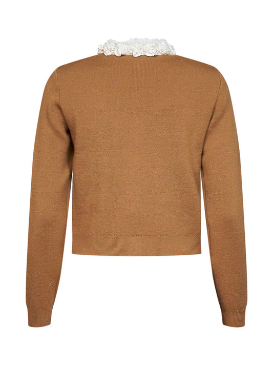 Cardigan ricamato in maglia di misto lana marrone