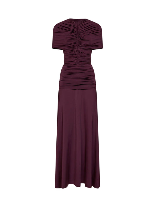 Burgundy jersey gathered maxi dress