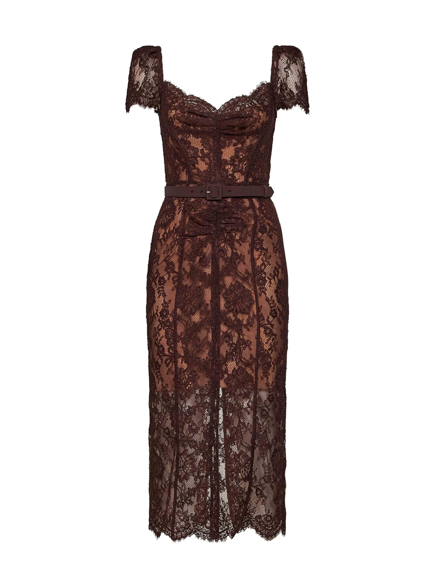 Brown floral lace belted midi dress