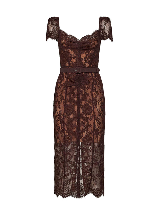 Brown floral lace belted midi dress