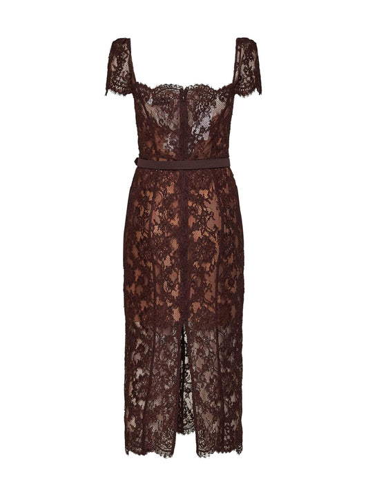 Brown floral lace belted midi dress