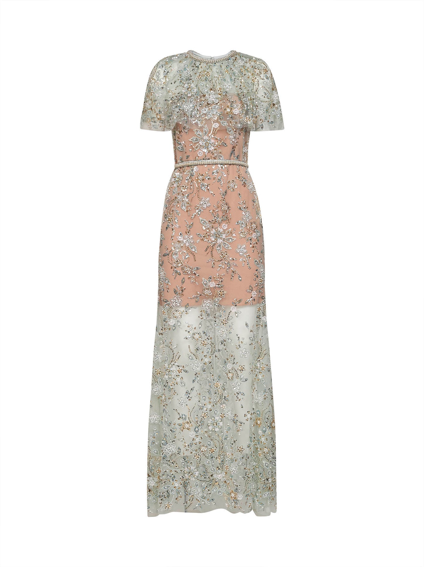 Maxi abito con mantella in tulle ricamato menta