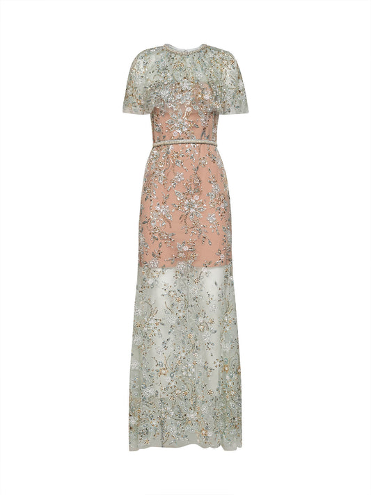 Mint embroidered tulle cape maxi dress