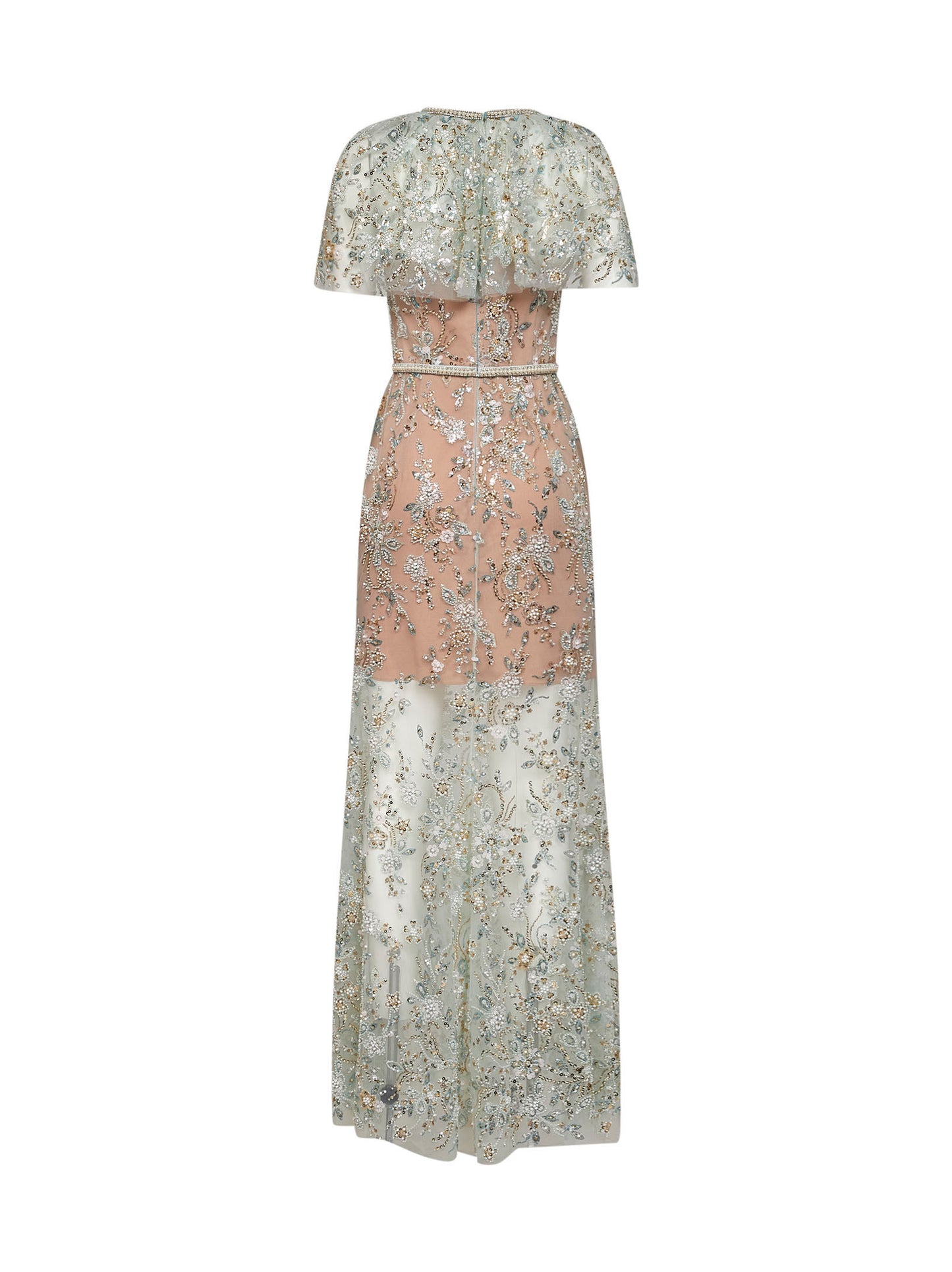 Maxi abito con mantella in tulle ricamato menta